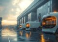 Autonomous vehicles transporting goods in a futuristic logistics hub A ...