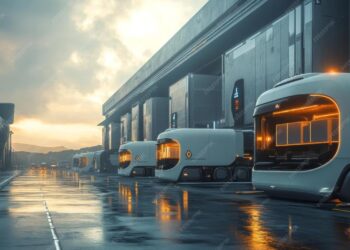 Autonomous vehicles transporting goods in a futuristic logistics hub A ...