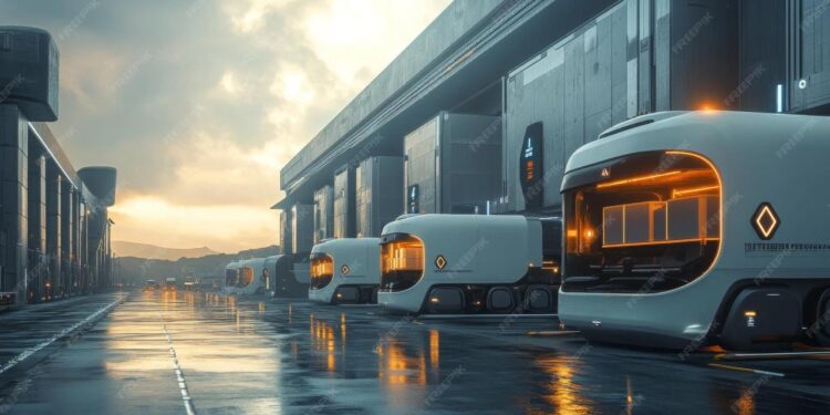 Autonomous vehicles transporting goods in a futuristic logistics hub A ...